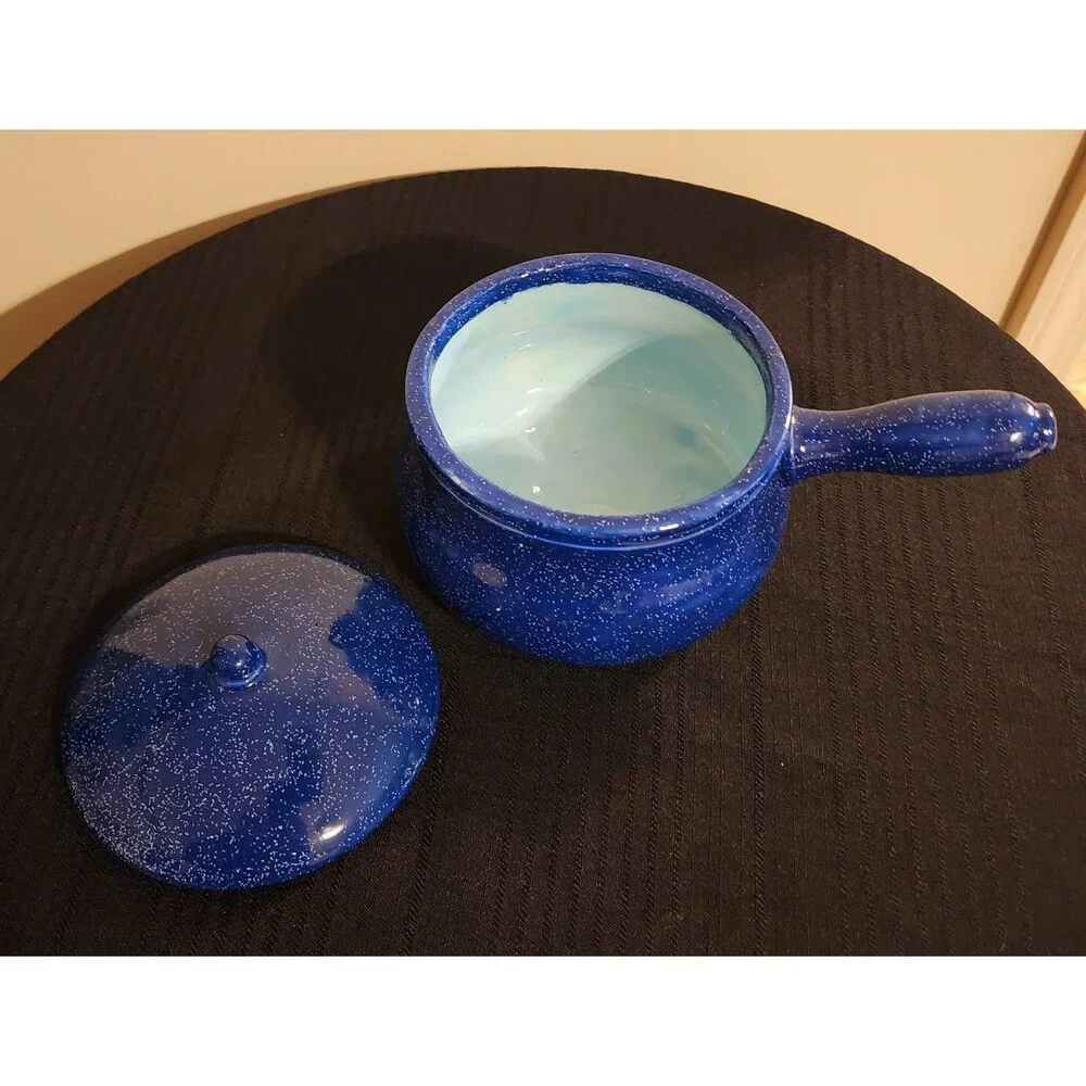 Vintage Blue Ceramic Crock Bowl with Handle & Lid